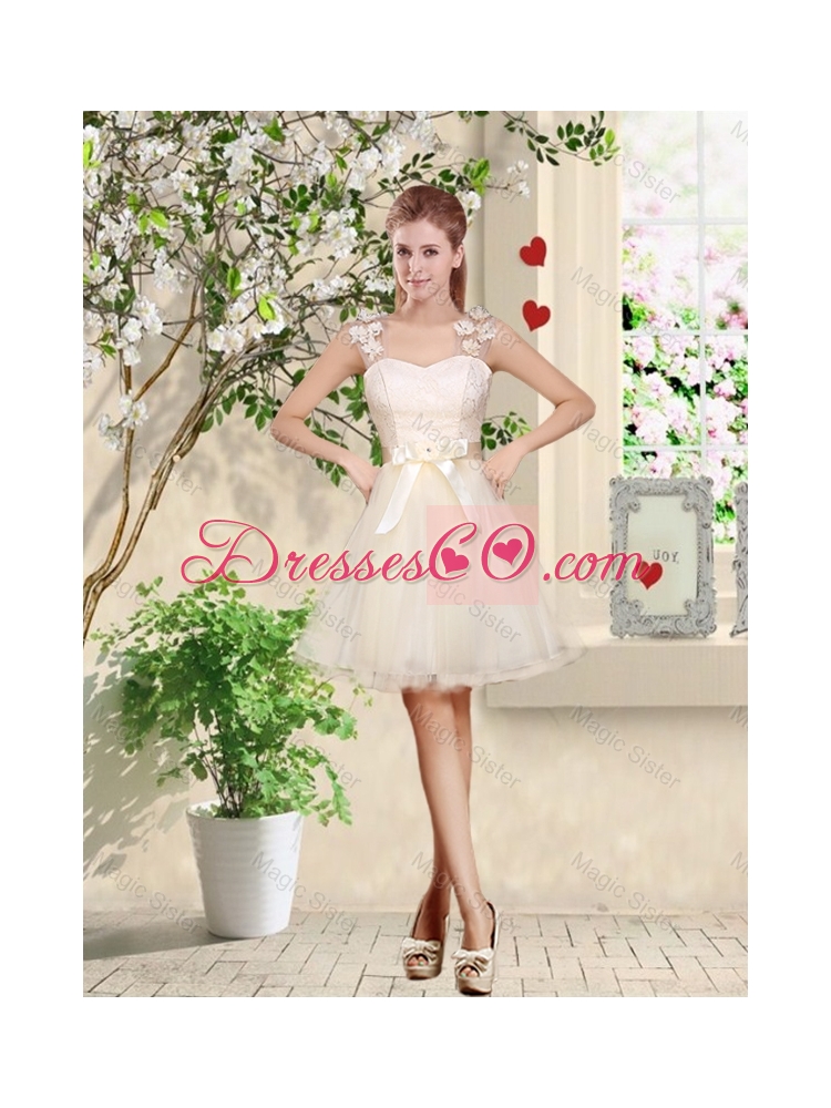 Popular A Line Champagne Prom Dress with Appliques and Belt