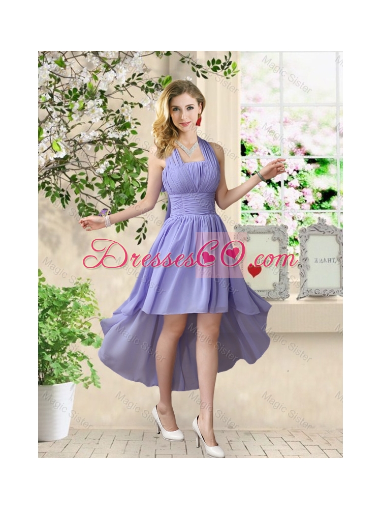 Beautiful Halter Top Ruched Prom Dress with High Low