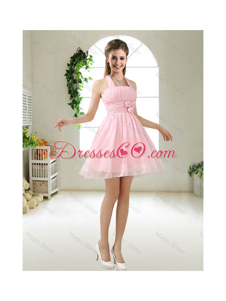 Modern Halter Top Champagne Prom Dress with Hand Made Flowers