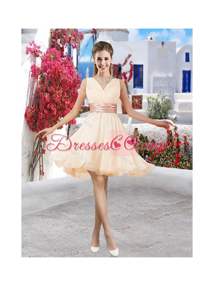 Affordable Champagne V Neck Prom Dress with Belt and Ruching