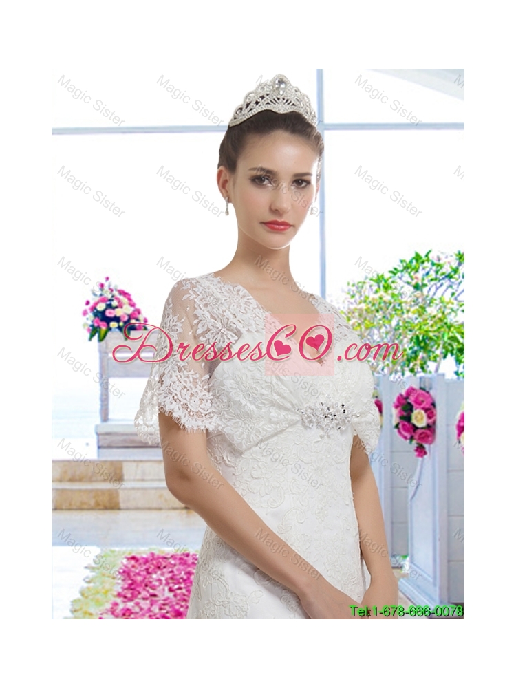 V Neck Bridal Gowns with Short Sleeves for