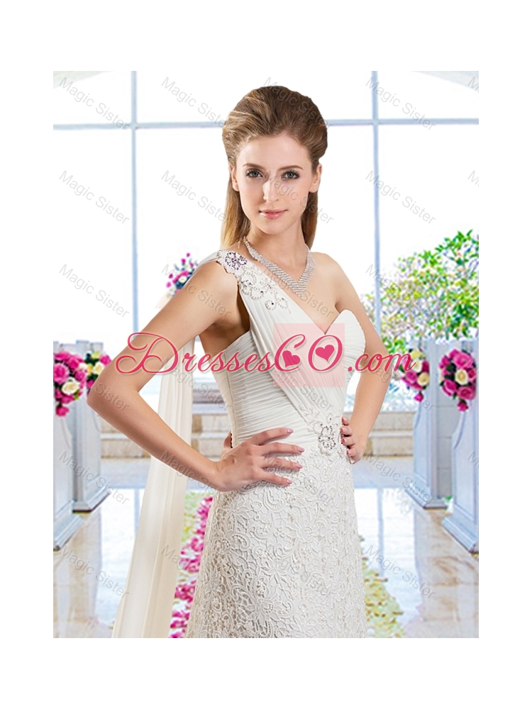 Classical One Shoulder Bridal Gowns with Lace and Beading