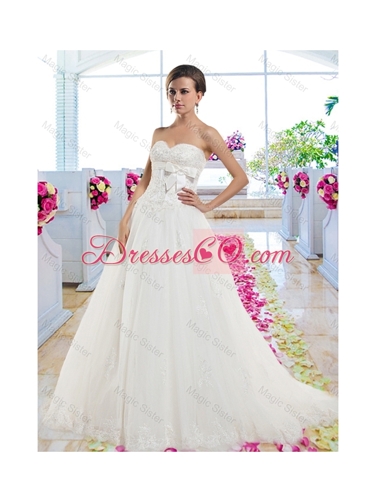 Elegant A Line Brush Train Wedding Dress with Beading