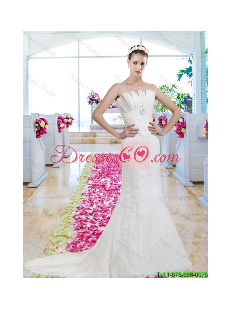 Exclusive Strapless Beaded Brush Train Wedding Dress with Lace