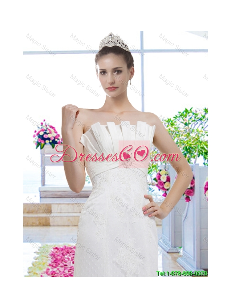 Exclusive Strapless Beaded Brush Train Wedding Dress with Lace