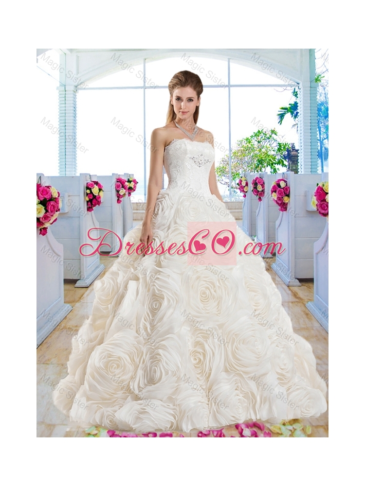 Gorgeous A Line Strapless Brush Train Bridal Dress with Lace