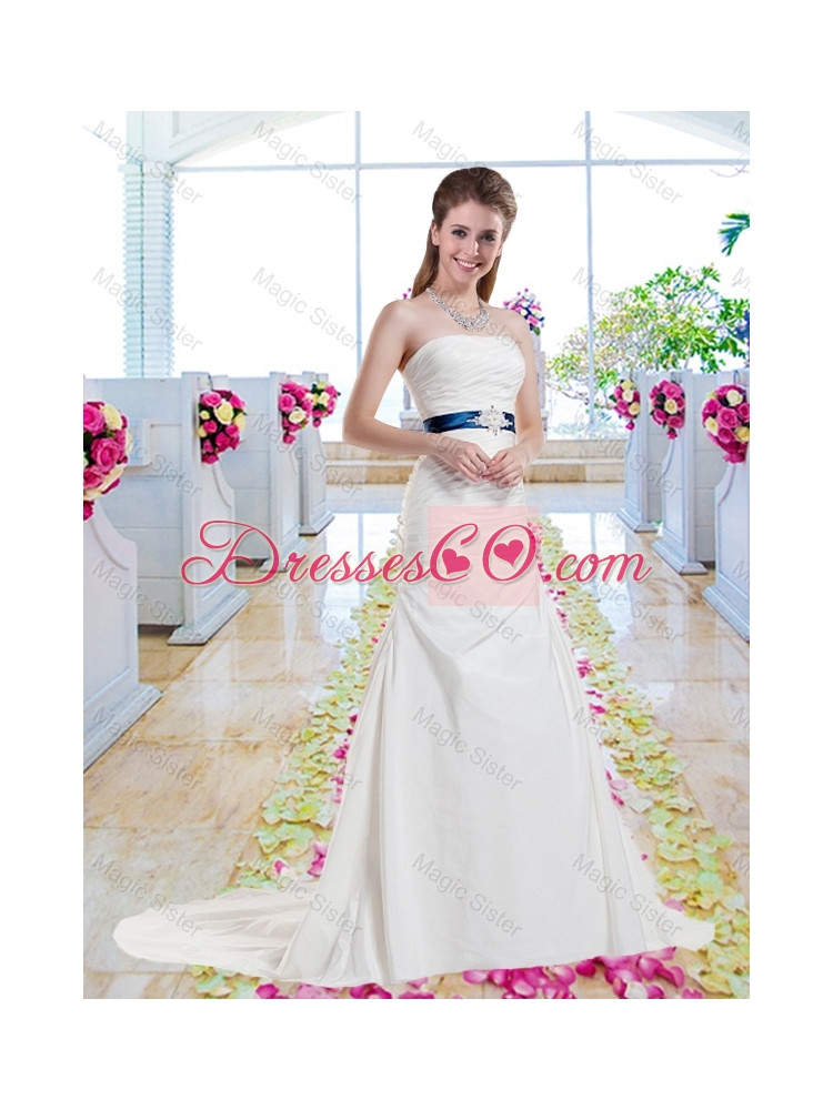 Inexpensive Strapless Belt and Ruched Wedding Dress with Column