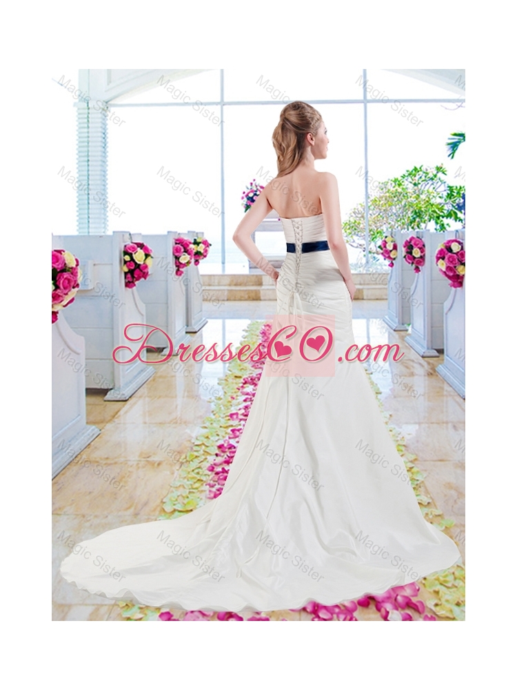 Inexpensive Strapless Belt and Ruched Wedding Dress with Column
