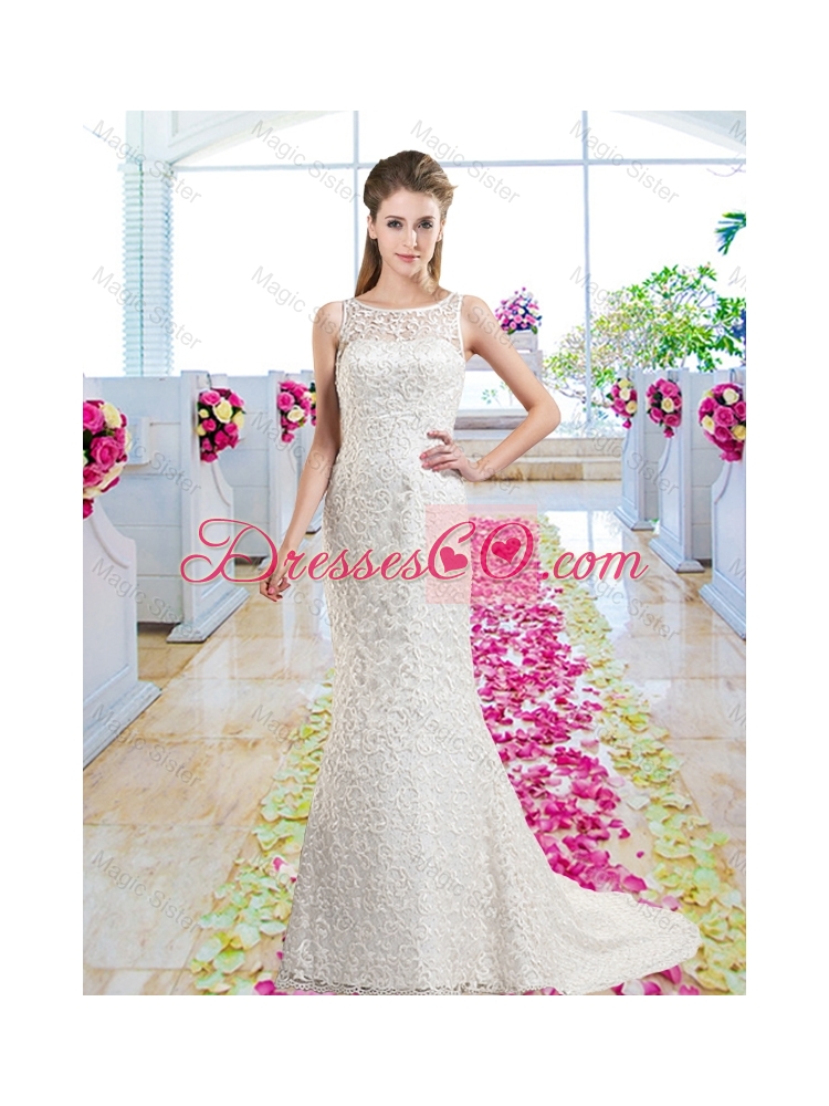 Luxurious Column Scoop Court Train Bridal Gowns with Lace