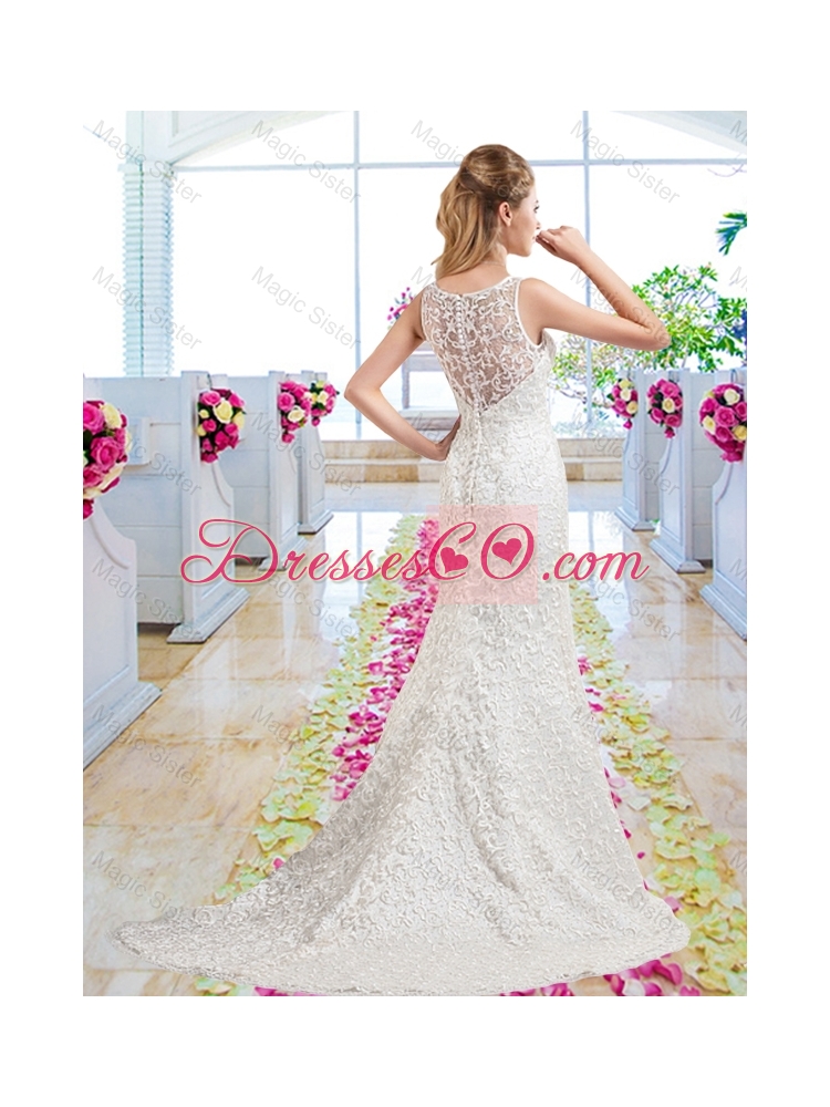 Luxurious Column Scoop Court Train Bridal Gowns with Lace