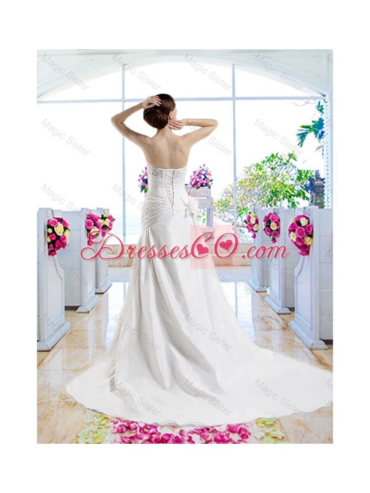 Pretty Strapless Beaded Bridal Gowns with Hand Made Flowers