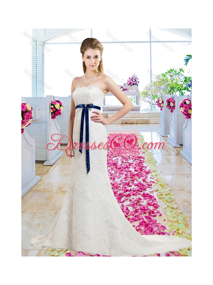 Affordable Column Strapless Lace Wedding Dress with Bowknot