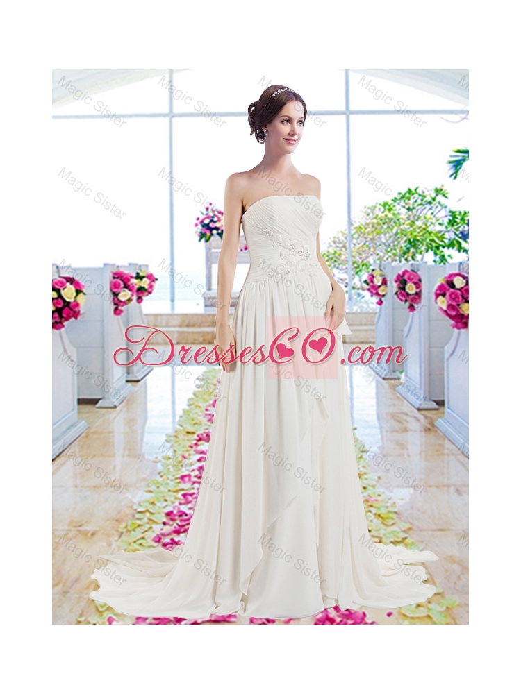 Modest Brush Train Wedding Dress with Belt and Appliques
