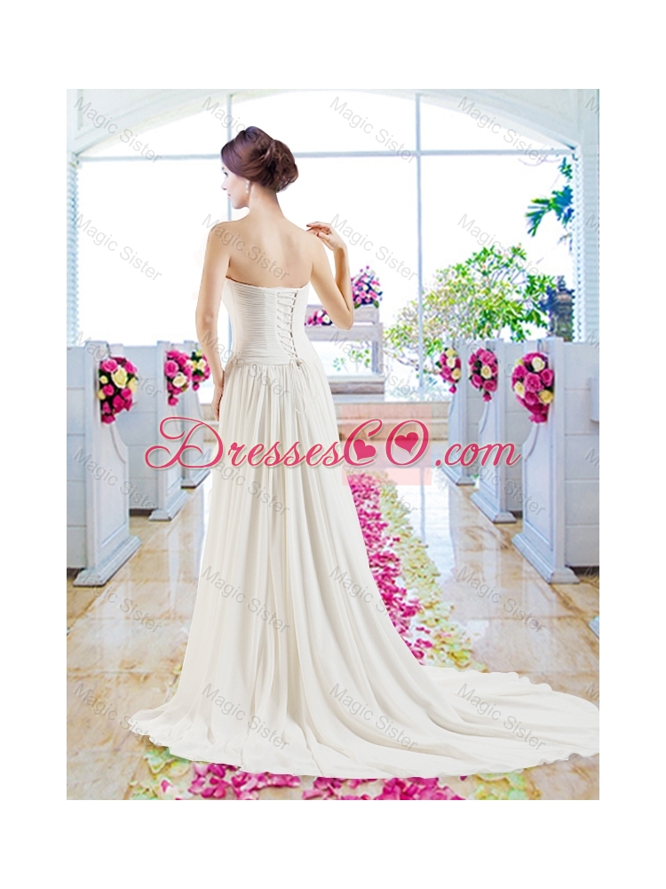 Modest Brush Train Wedding Dress with Belt and Appliques