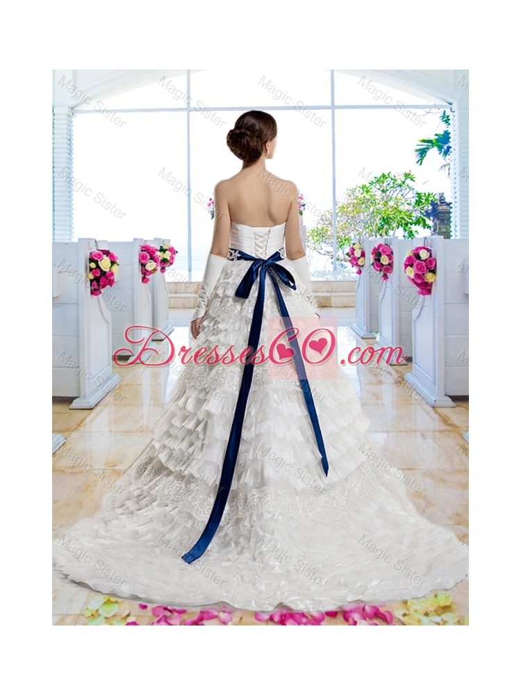 Popular Belt and Laced Bridal Gowns with Ruffled Layers