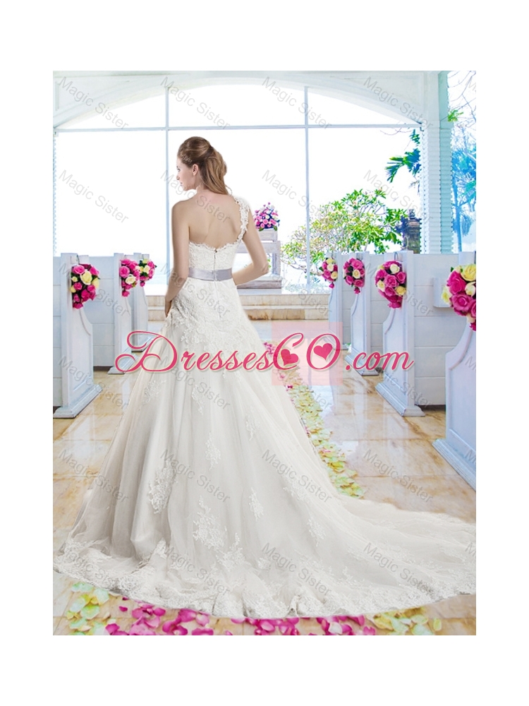 Popular One Shoulder Laced Bridal Gowns with Bowknot