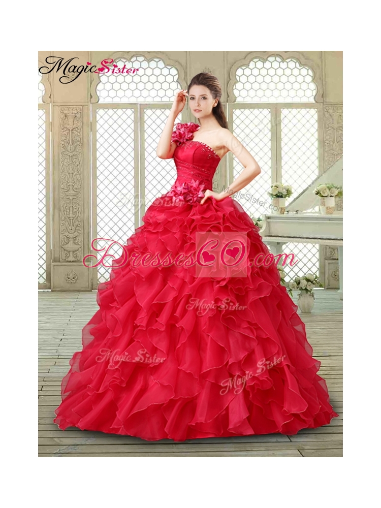 Beautiful One Shoulder Ruffles Quinceanera Gowns in Red