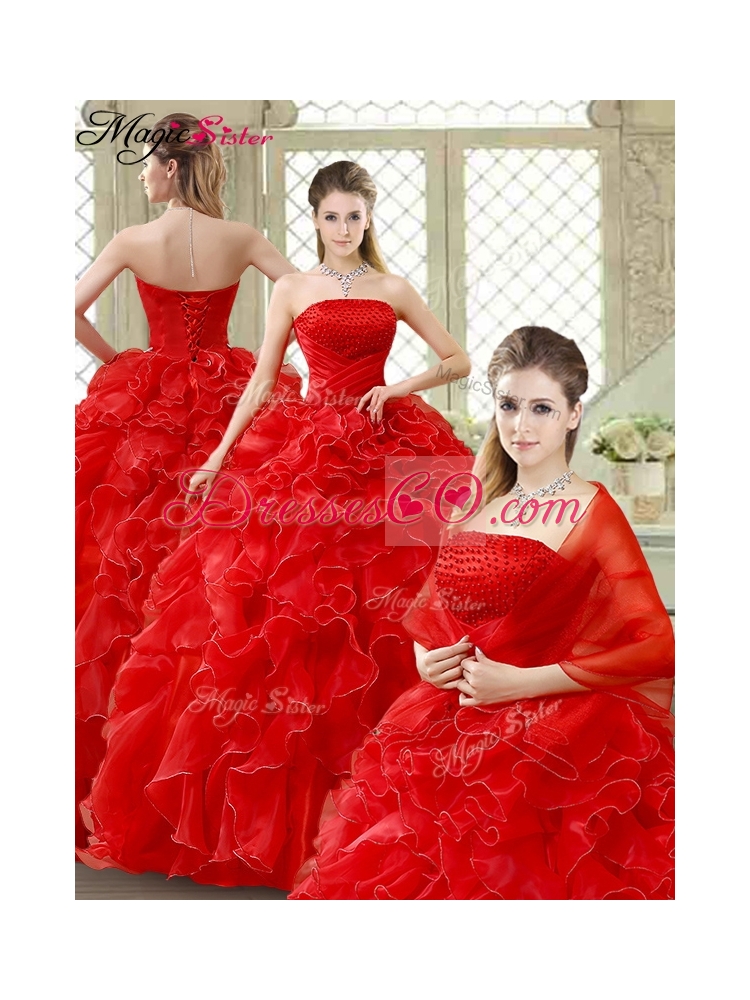 Classical Spring Red Quinceanera Gowns with Beading and Ruffles