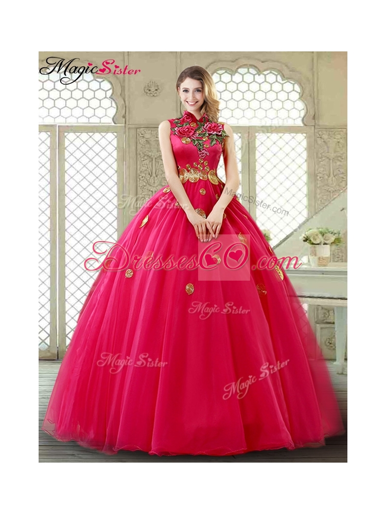 Exclusive High Neck Quinceanera Gowns in Coral Red