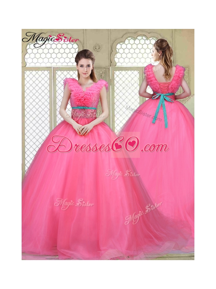 Spring Fashionable Brush Train Quinceanera Dress in Hot Pink