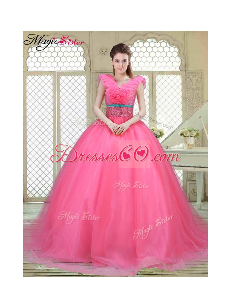 Spring Fashionable Brush Train Quinceanera Dress in Hot Pink