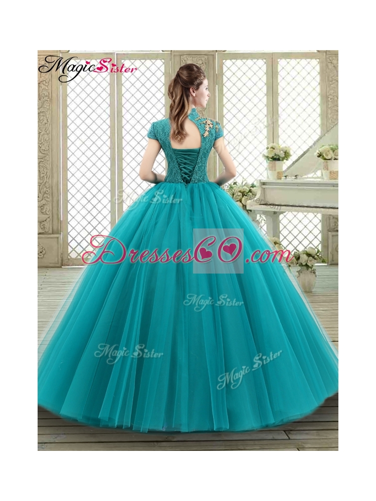 Spring Luxurious High Neck Appliques Quinceanera Dress with Short Sleeves
