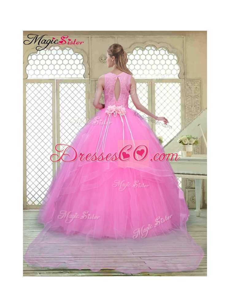 Spring Popular Scoop Hand Made Flowers Quinceanera  Dress with Brush Train