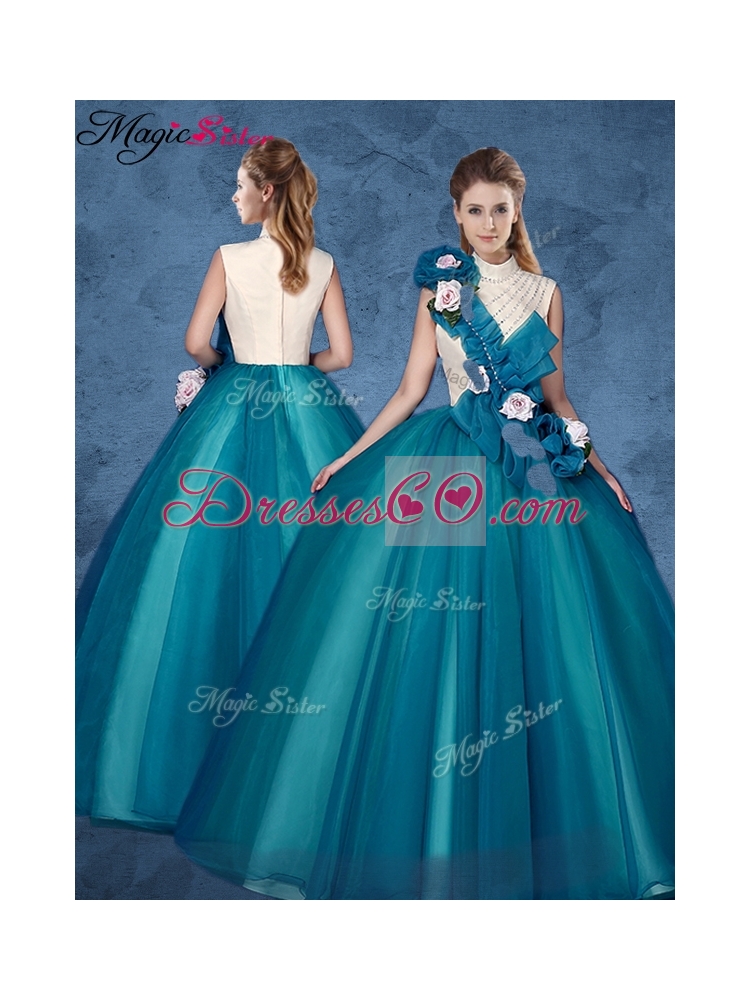 Cheap Hand Made Flowers Quinceanera Dress with High Neck
