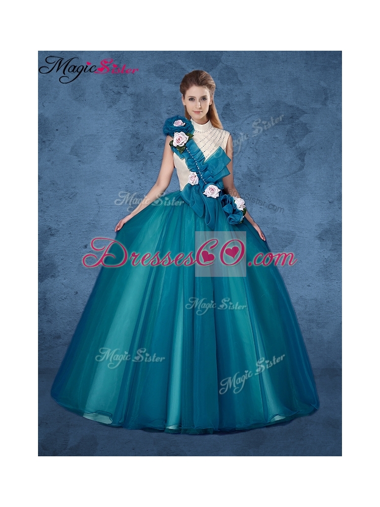 Cheap Hand Made Flowers Quinceanera Dress with High Neck
