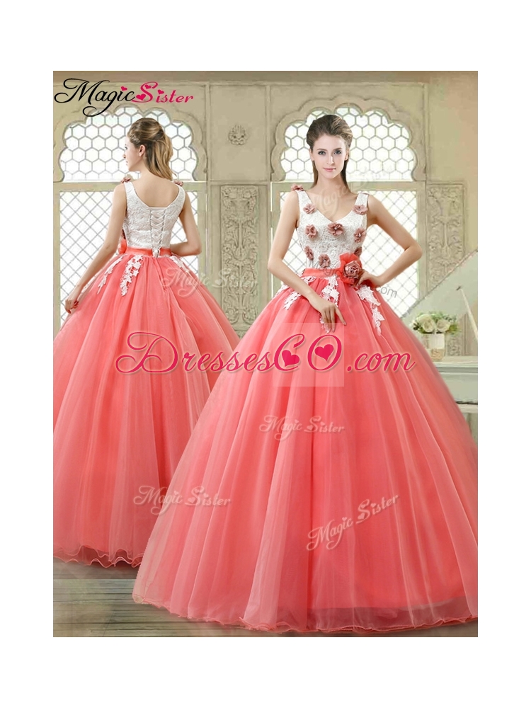 Elegant Watermelon Quinceanera Dress with Hand Made Flowers