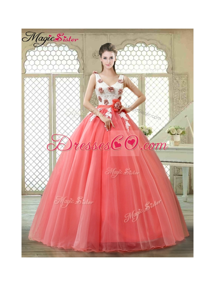 Elegant Watermelon Quinceanera Dress with Hand Made Flowers