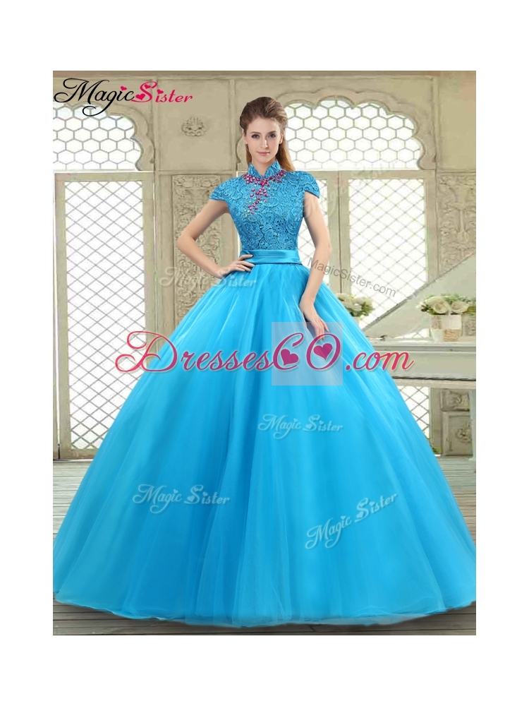 Fashionable High Neck Quinceanera Gowns in Baby Blue
