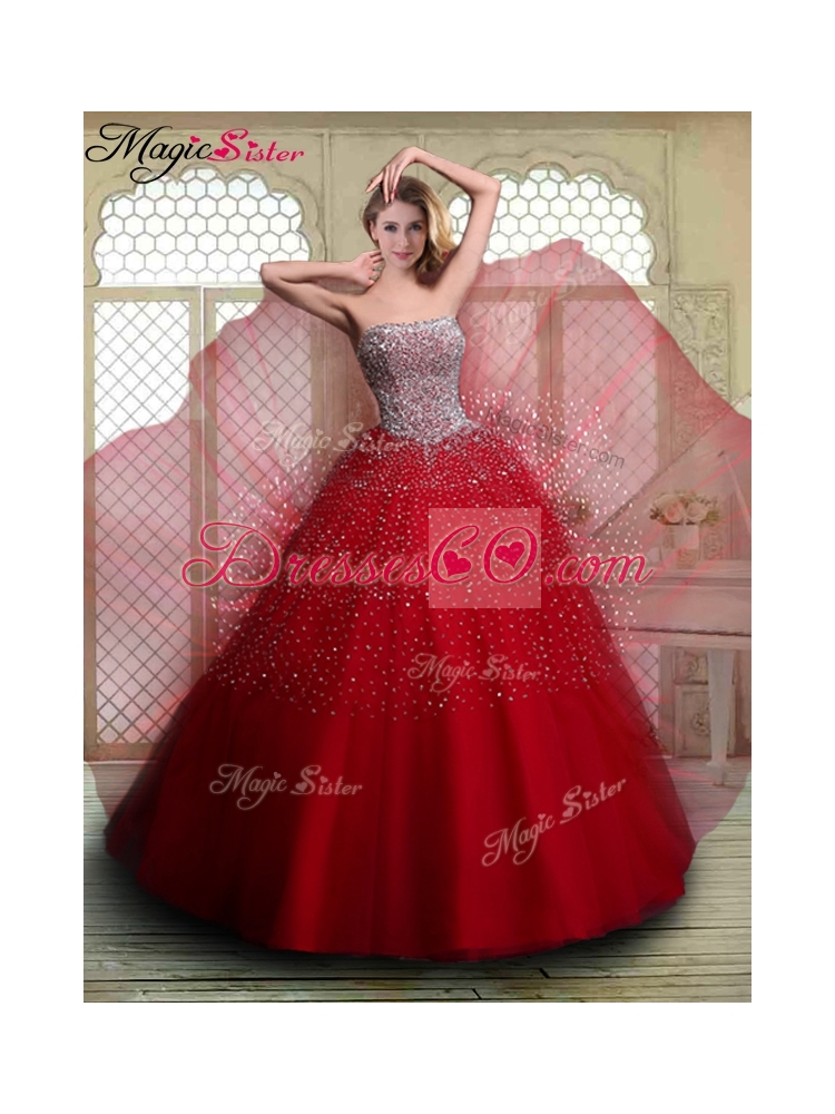 Luxurious Strapless Beading Quinceanera Dress in Wine Red
