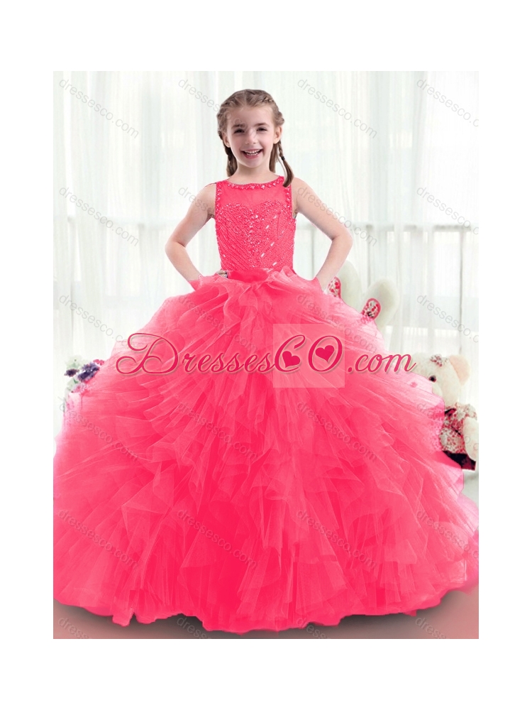 Modern Bateau Beading Cheap Flower Girl Dress in Coral Red