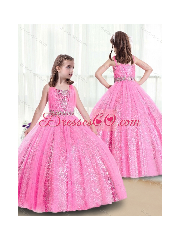 Perfect Rose Pink Straps Cheap Flower Girl Dress with Sequins