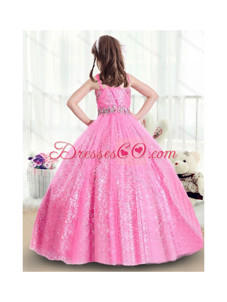 Perfect Rose Pink Straps Cheap Flower Girl Dress with Sequins