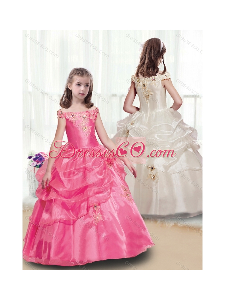 New Style Off the Shoulder Cheap Flower Girl Dress with Appliques