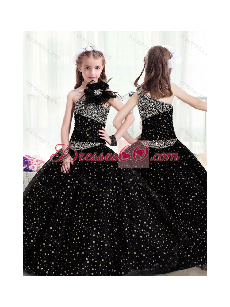 Popular One Shoulder  Girls Party Dress with Pattern and Beading