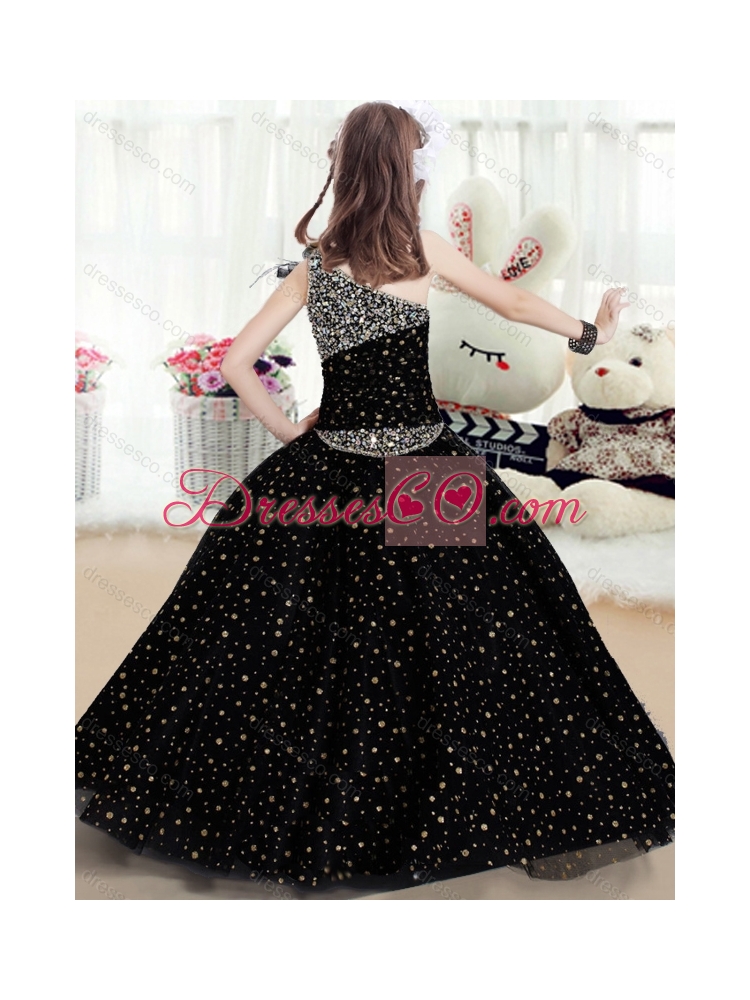 Popular One Shoulder  Girls Party Dress with Pattern and Beading