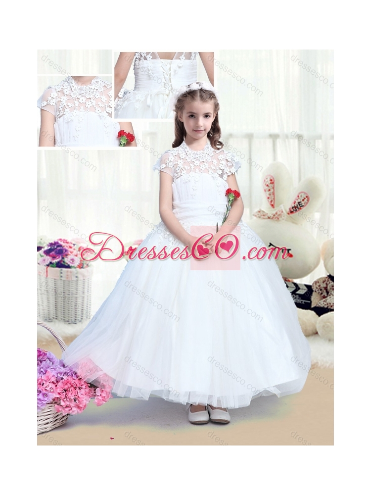 Simple High Neck Appliques Latest Flower Girl Dress with Tea Length