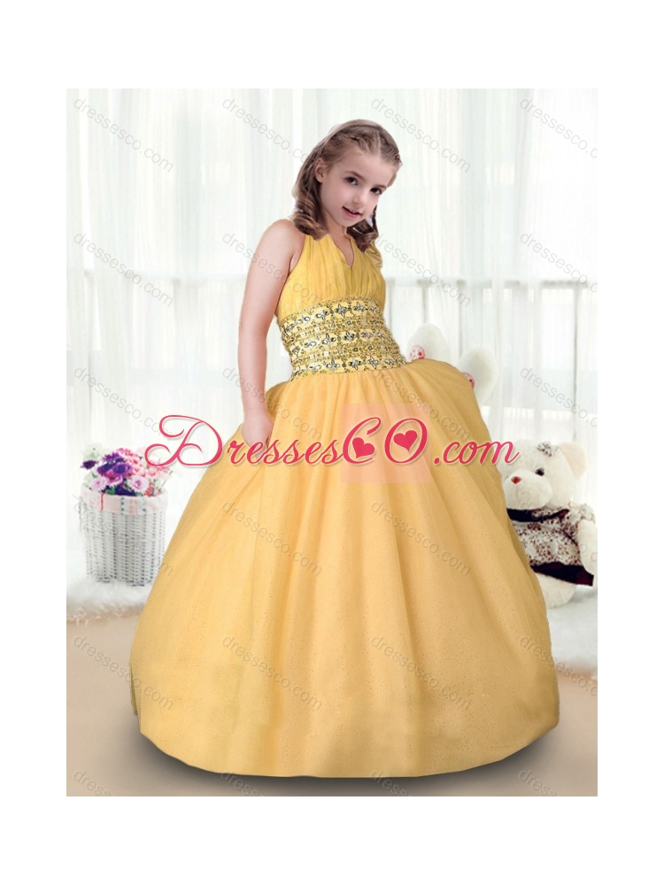 Beautiful Ball Gown Halter TopLatest Flower Girl Dress in Gold