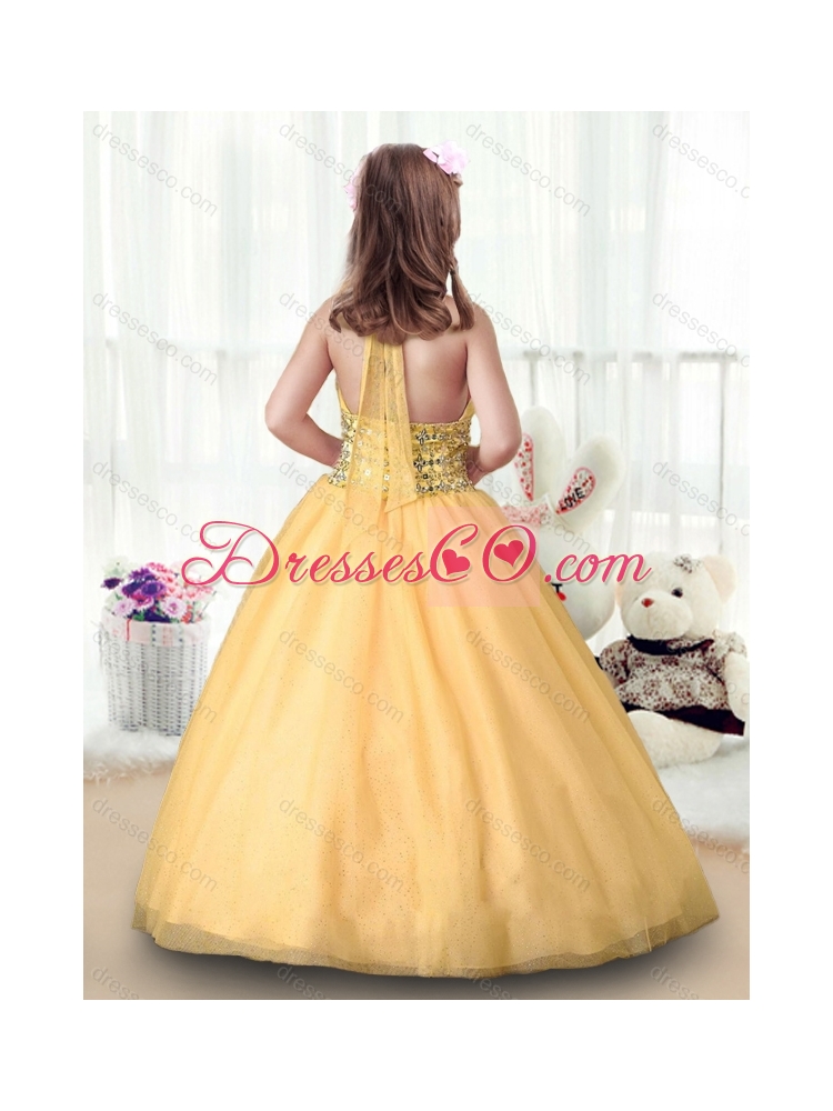 Beautiful Ball Gown Halter TopLatest Flower Girl Dress in Gold