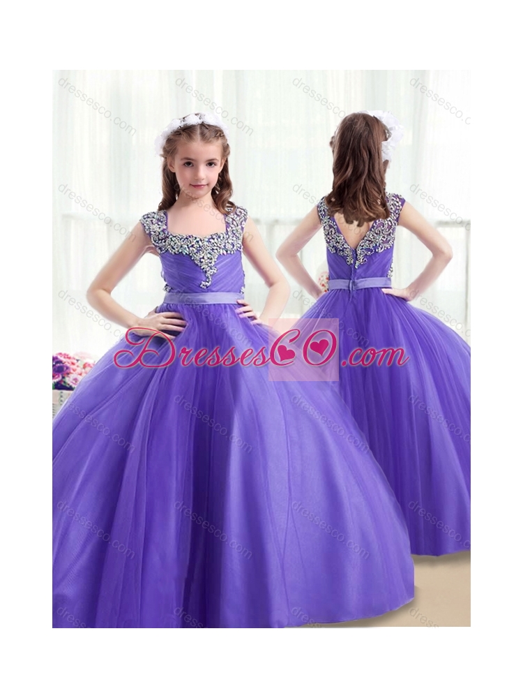 Classical Square Beading  Little girl Pageant Dress with Cap Sleeves
