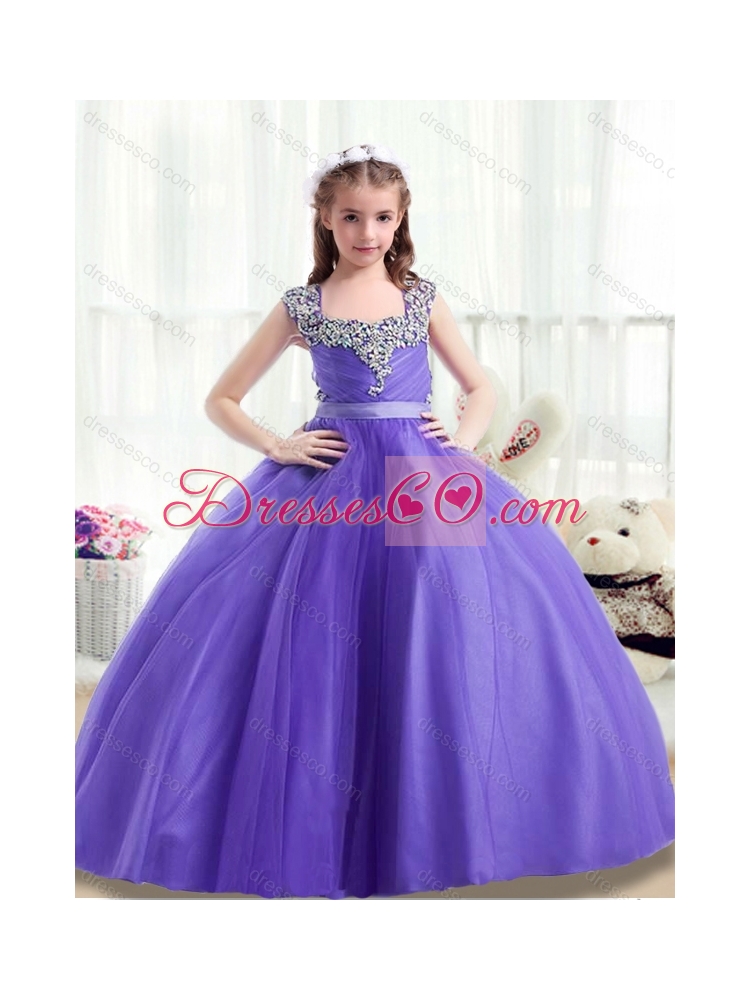 Classical Square Beading  Little girl Pageant Dress with Cap Sleeves