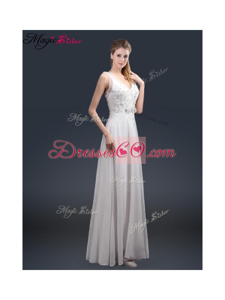 Affordable Empire V Neck Beading Prom Dresses