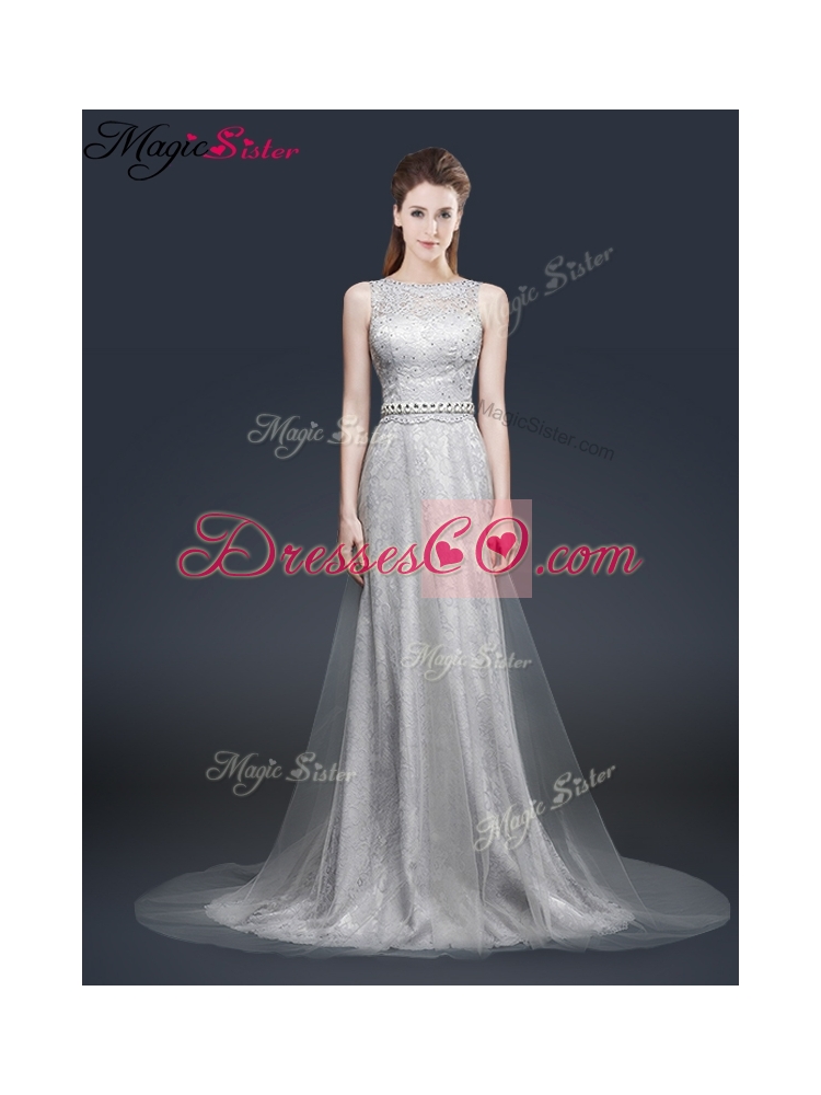 Elegant Empire Bateau Prom Dress with Brush Train