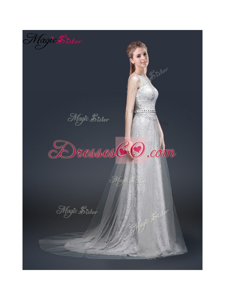 Elegant Empire Bateau Prom Dress with Brush Train