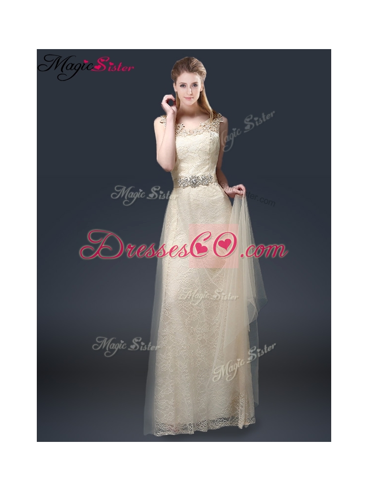 Empire Lace Prom Dress with Appliques in Champagne