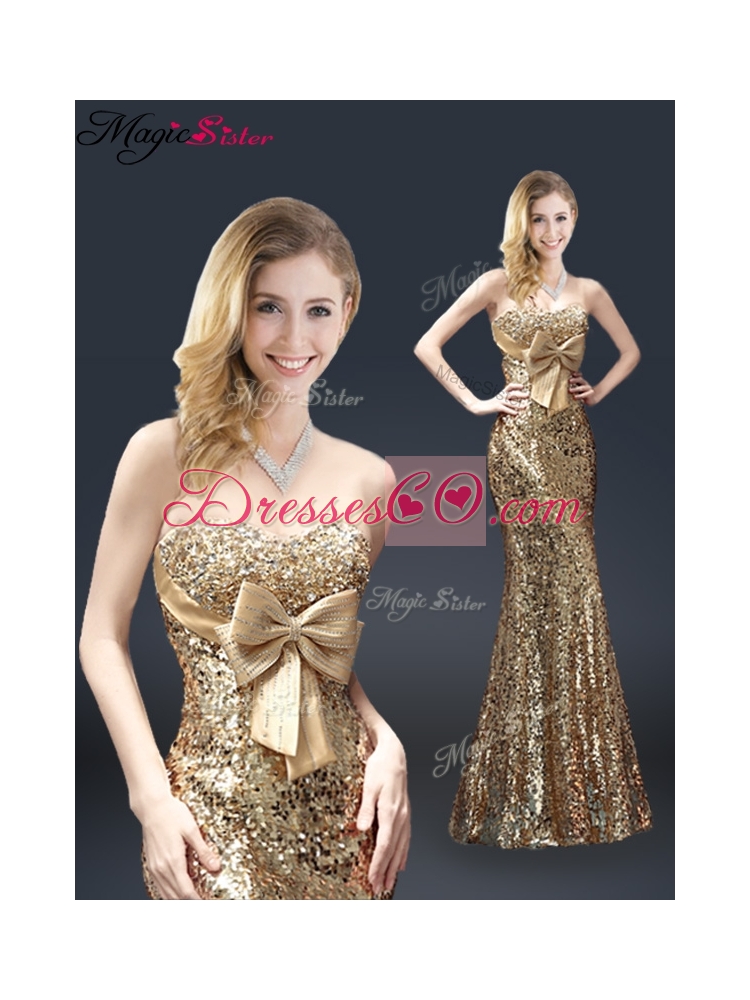 Fall Column Sequins Prom Dress with Bowknot in Gold