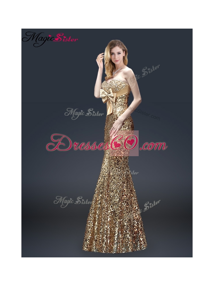 Fall Column Sequins Prom Dress with Bowknot in Gold